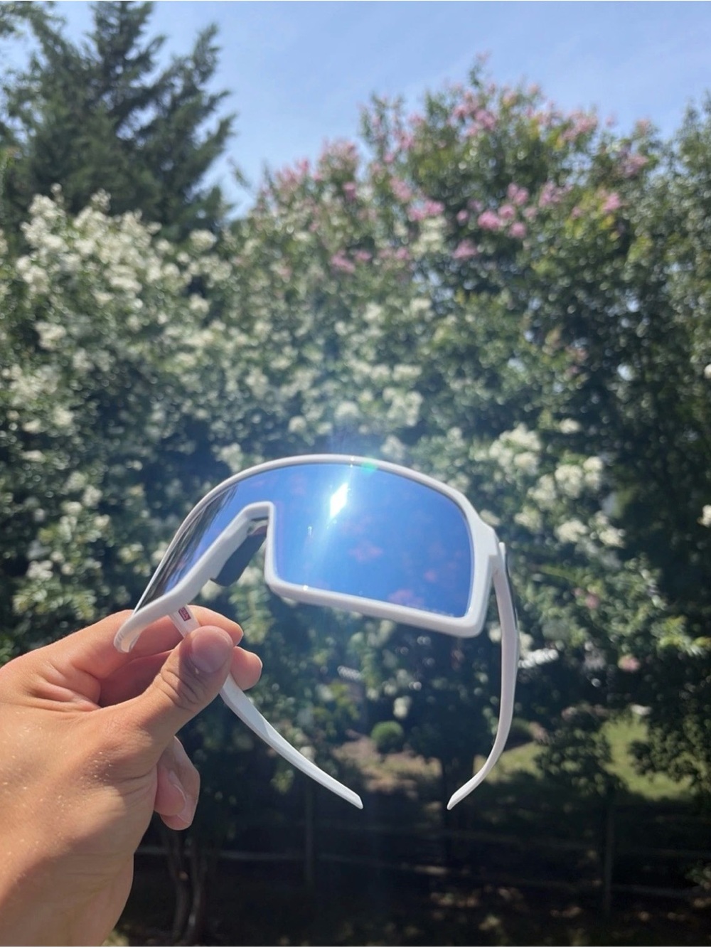 Oakley White Frame Blue Mirrored Sports Sunglasses